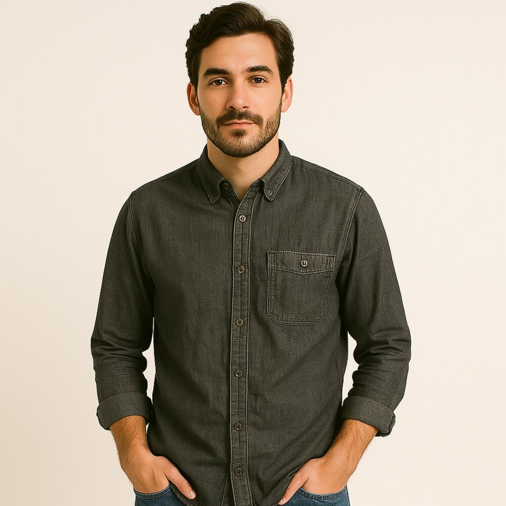 Eddie Bauer 100% Cotton Charcoal Casual Button-Down Shirt Preppy Size Large